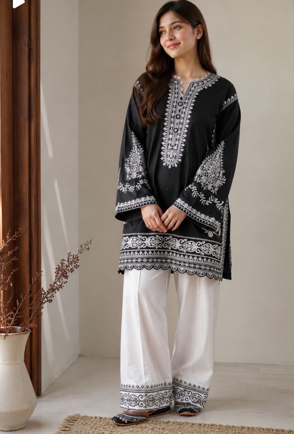 Black embroidered shirt with embroidered farshi shalwar